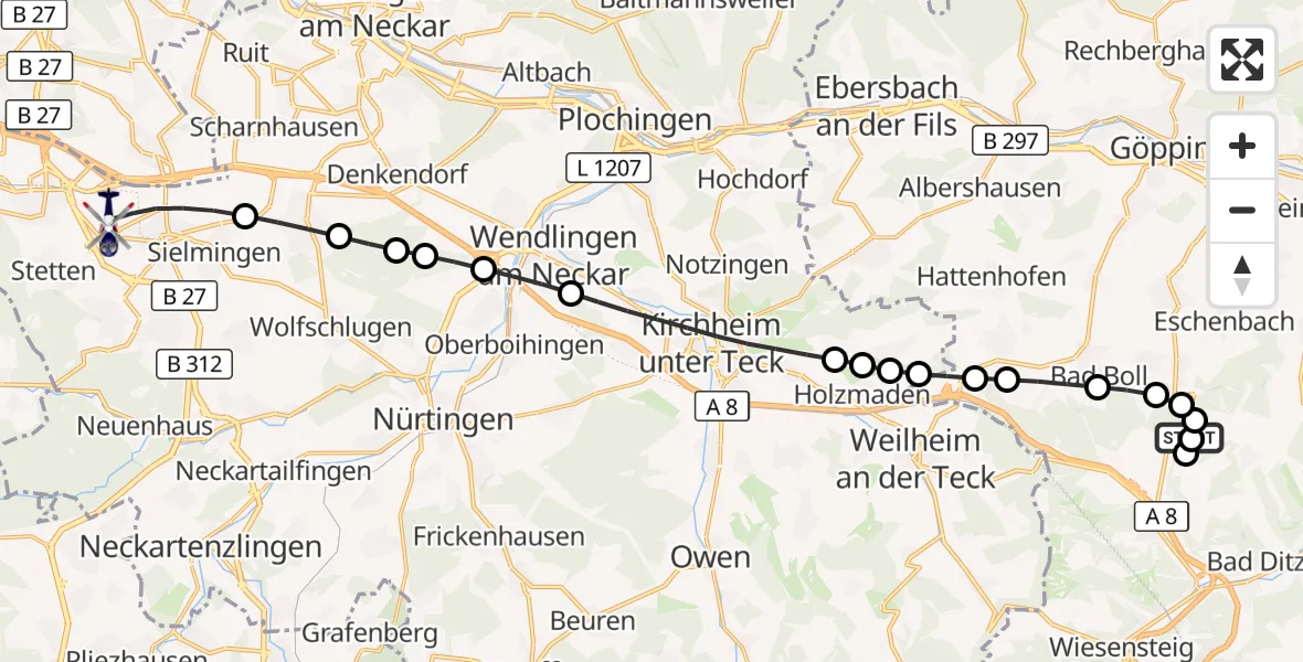Flugroute Polizeihubschrauber Gruibingen-Nortel Flugplatz - Flughafen Stuttgart, 07 September 2026, 12:40