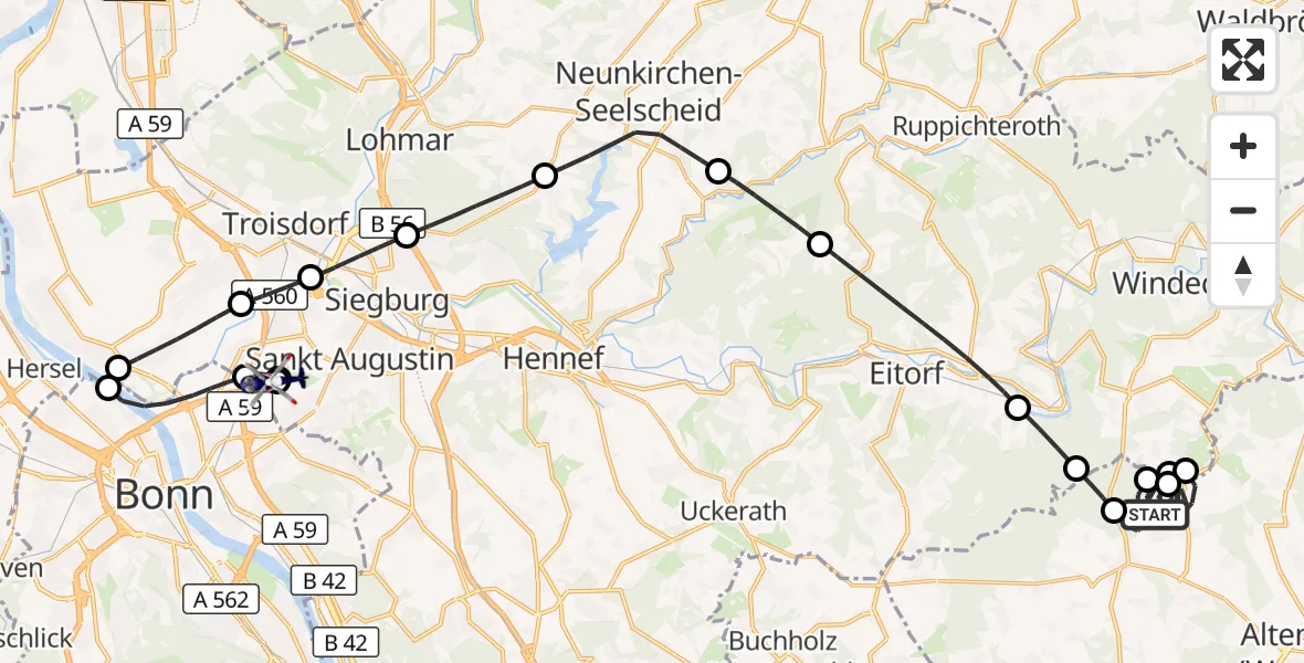 Flugroute Polizeihubschrauber Oberirsen - Sankt Augustin, 07 September 2026, 12:40