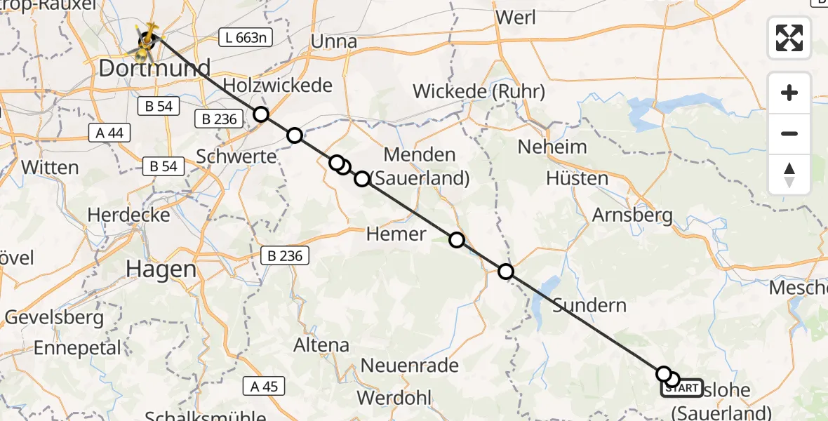 Flugroute Rettungshubschrauber Eslohe (Sauerland) - Dortmund Hospital North, 07 September 2026, 12:43