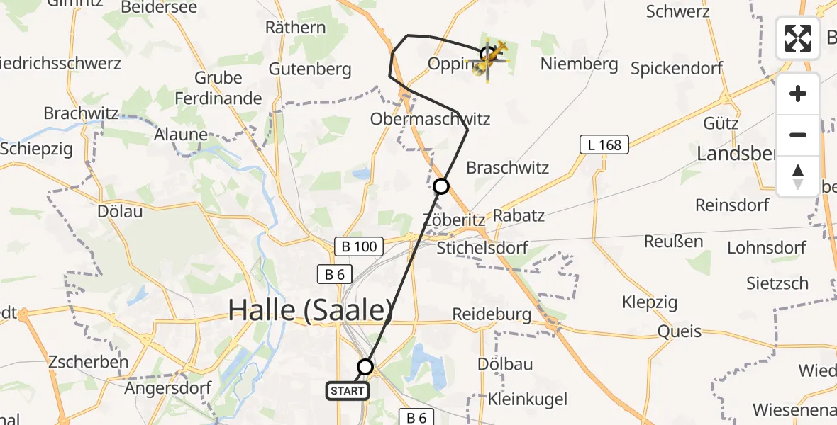 Flugroute Rettungshubschrauber BG Hospital Bergmannstrost Halle - Halle-Oppin Flugplatz, 07 September 2026, 12:49
