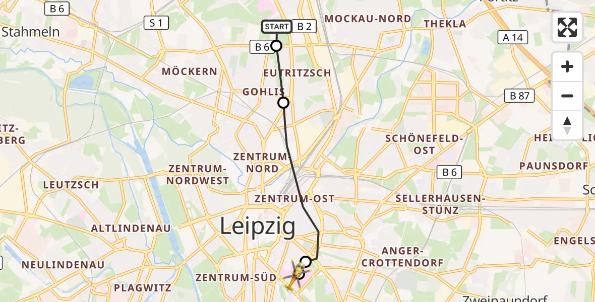 Flugroute Rettungshubschrauber Sankt George Hospital Leipzig - Leipzig University Hospital Heliport 1, 07 September 2026, 12:53