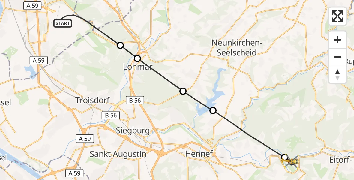 Flugroute Rettungshubschrauber Köln Bonn Flughafen - Eitorf, 07 September 2026, 13:01