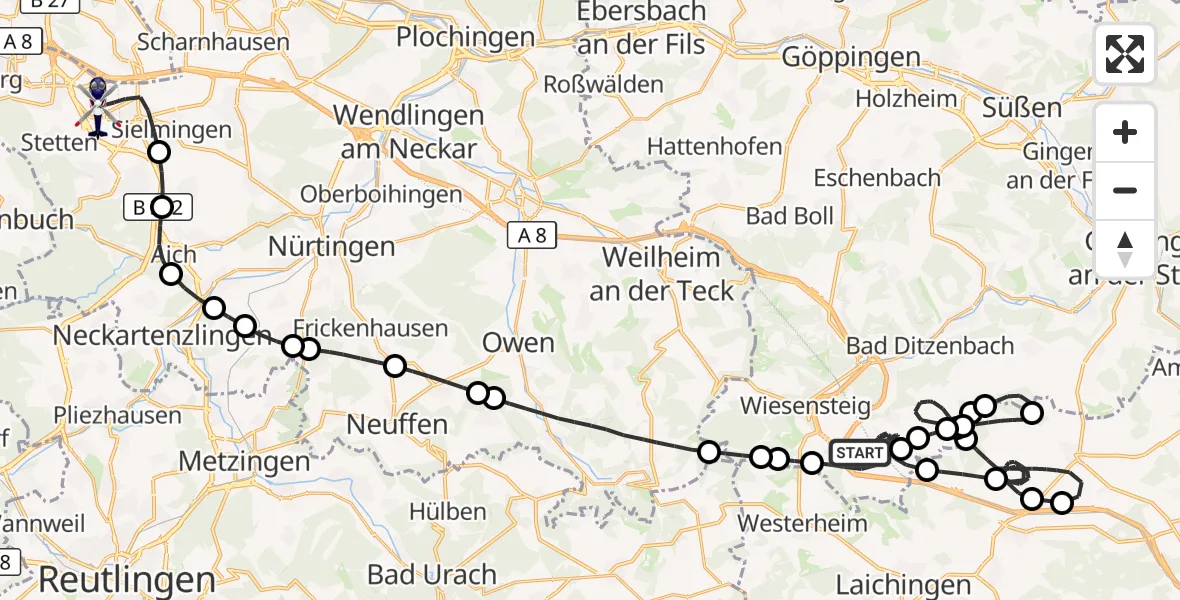 Flugroute Polizeihubschrauber Hohenstadt - Flughafen Stuttgart, 07 September 2026, 13:06