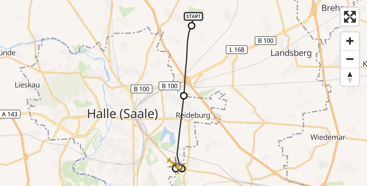 Flugroute Rettungshubschrauber Halle-Oppin Flugplatz - Halle (Saale), 07 September 2026, 13:20