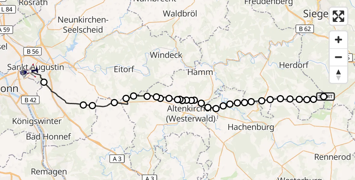 Flugroute Polizeihubschrauber Burbach - Sankt Augustin, 07 September 2026, 13:22