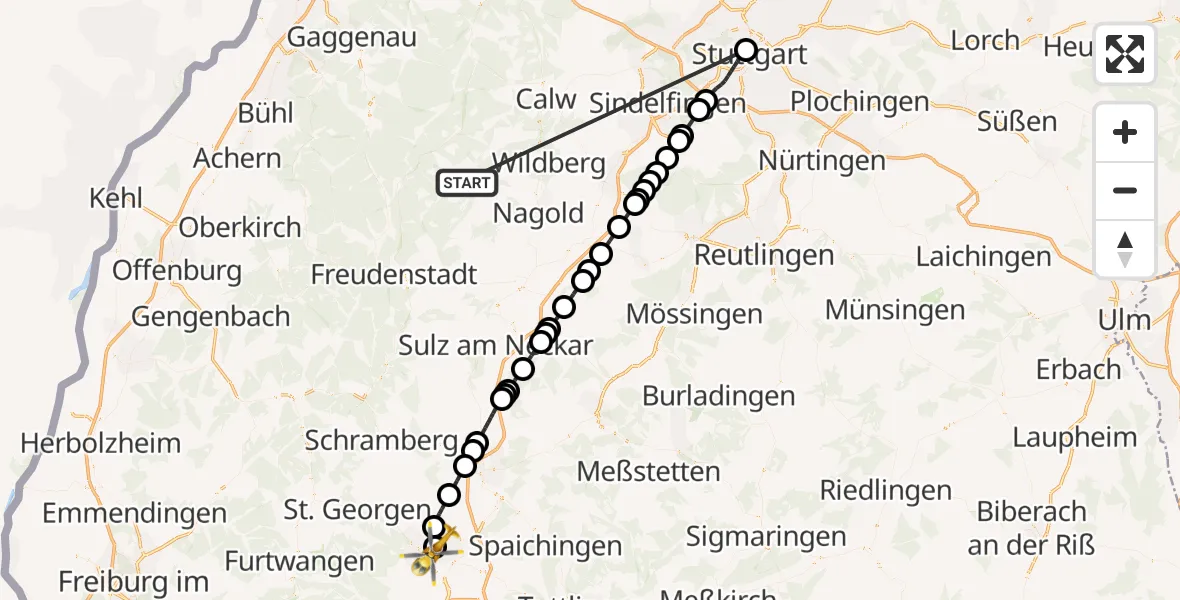 Flugroute Ambulanzhubschrauber Altensteig - DRF Air Rescue Station Villingen-Schwenningen Hubschrauberlandeplatz (Christoph 11), 07 September 2026, 13:23