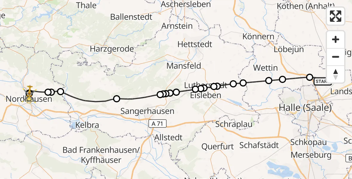 Flugroute Rettungshubschrauber Landsberg - Südharz Hospital Nordhausen, 07 September 2026, 13:23