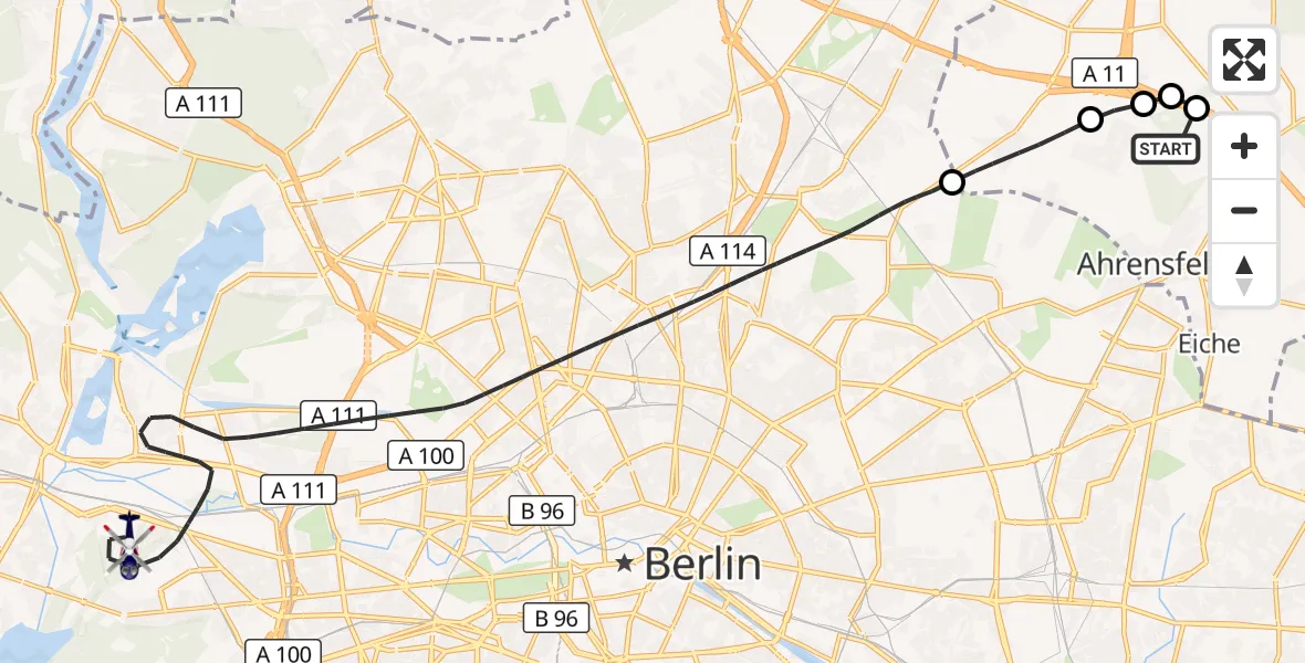 Flugroute Polizeihubschrauber Ahrensfelde Hubschrauberlandeplatz - Berlin, 07 September 2026, 13:27