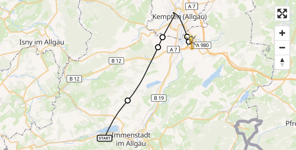 Flugroute Rettungshubschrauber Immenstadt i.Allgäu - Kempten-Durach Flugplatz, 07 September 2026, 13:34