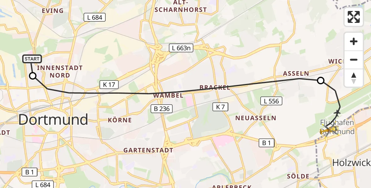 Flugroute Rettungshubschrauber Dortmund Hospital North - Dortmund Flughafen, 07 September 2026, 13:37