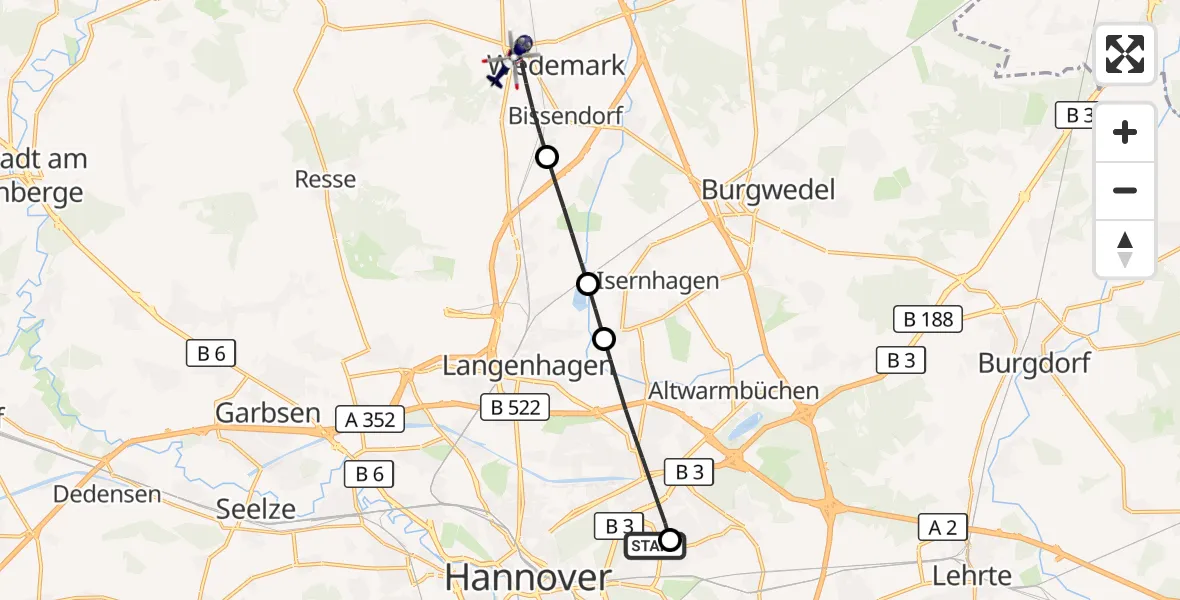 Flugroute Polizeihubschrauber Hannover Luftrettung Hubschrauberlandeplatz (Christoph 4) - Wedemark, 07 September 2026, 13:44