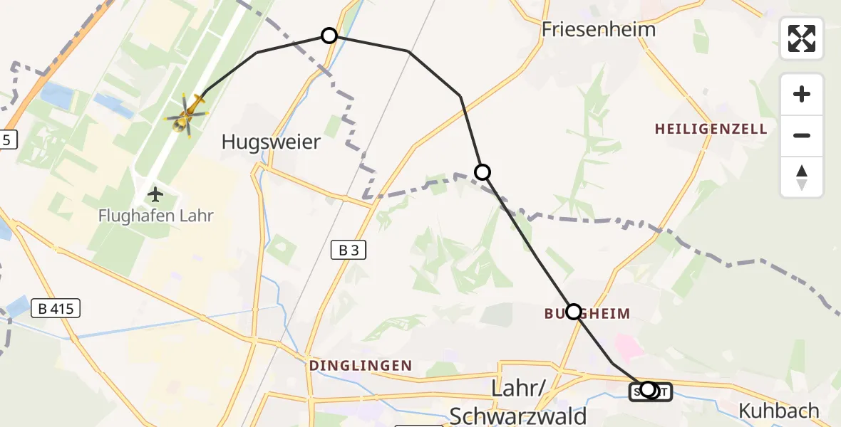 Flugroute Rettungshubschrauber Ortenau Hospital Lahr-Ettenheim - Lahr Flughafen, 07 September 2026, 13:47