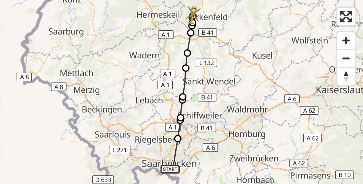 Flugroute Rettungshubschrauber Saarbrücken - Abentheuer, 07 September 2026, 13:51