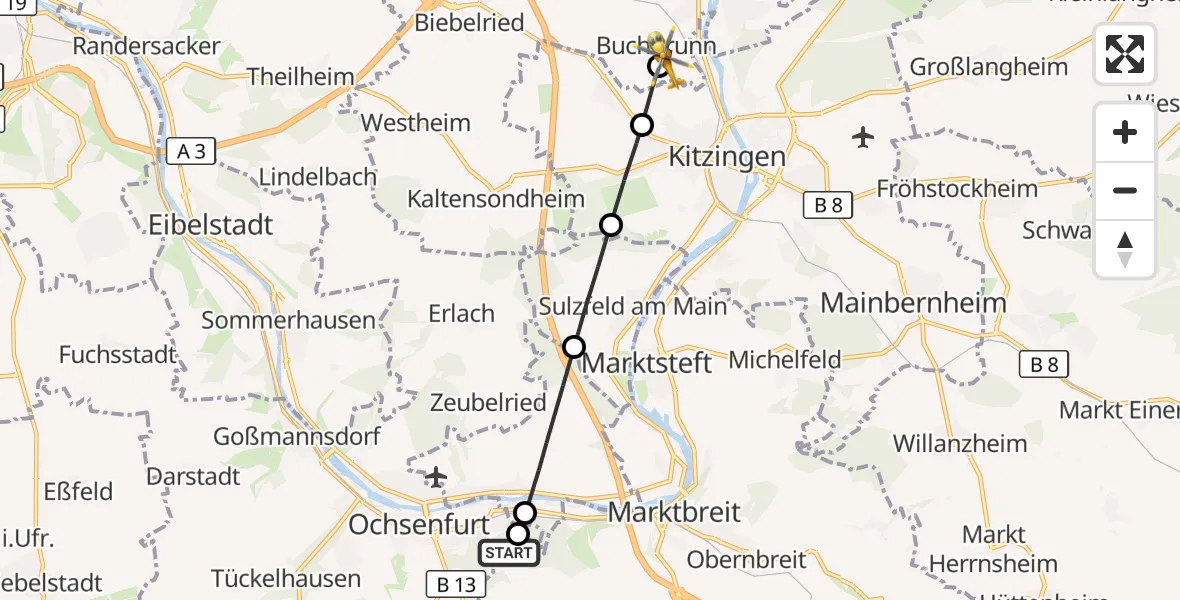 Flugroute Rettungshubschrauber Ochsenfurt Hospital - Buchbrunn, 07 September 2026, 13:54