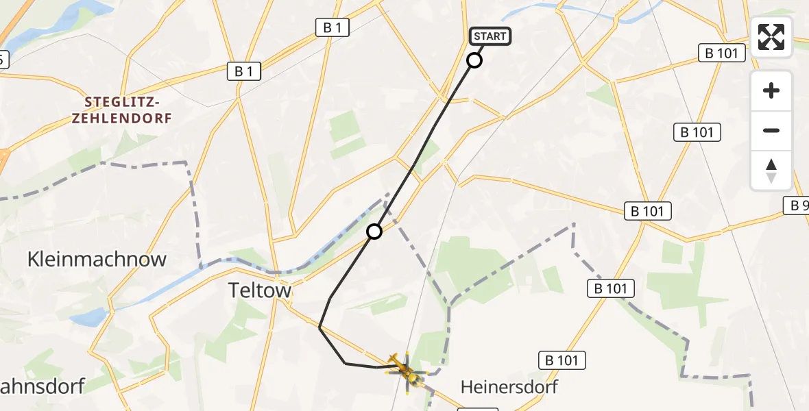 Flugroute Rettungshubschrauber Charité Clinic Benjamin Franklin Campus - Teltow, 07 September 2026, 13:56