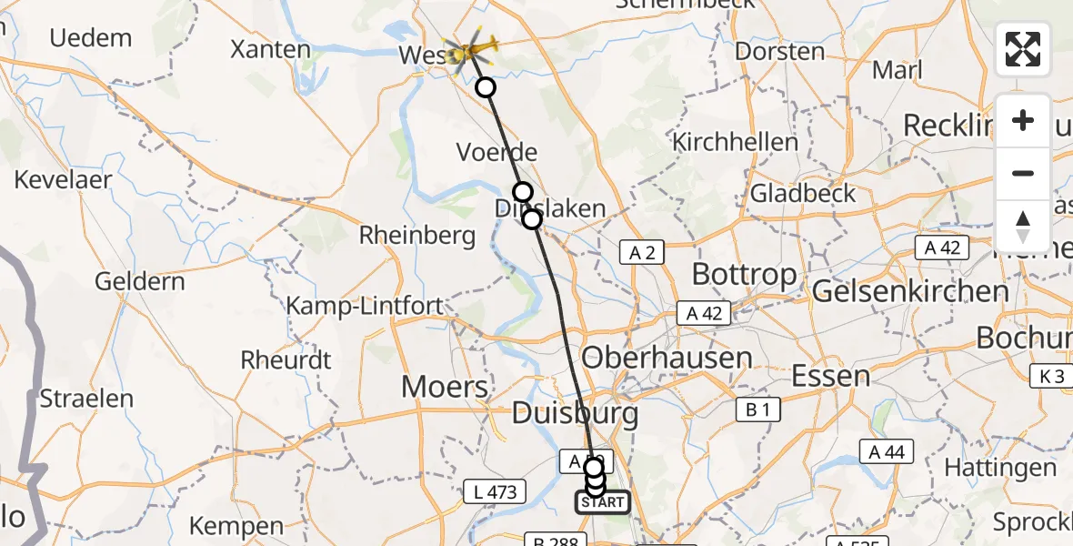Flugroute Rettungshubschrauber Duisburg Air Rescue Hubschrauberlandeplatz (Christoph 9) - Wesel, 07 September 2026, 14:03