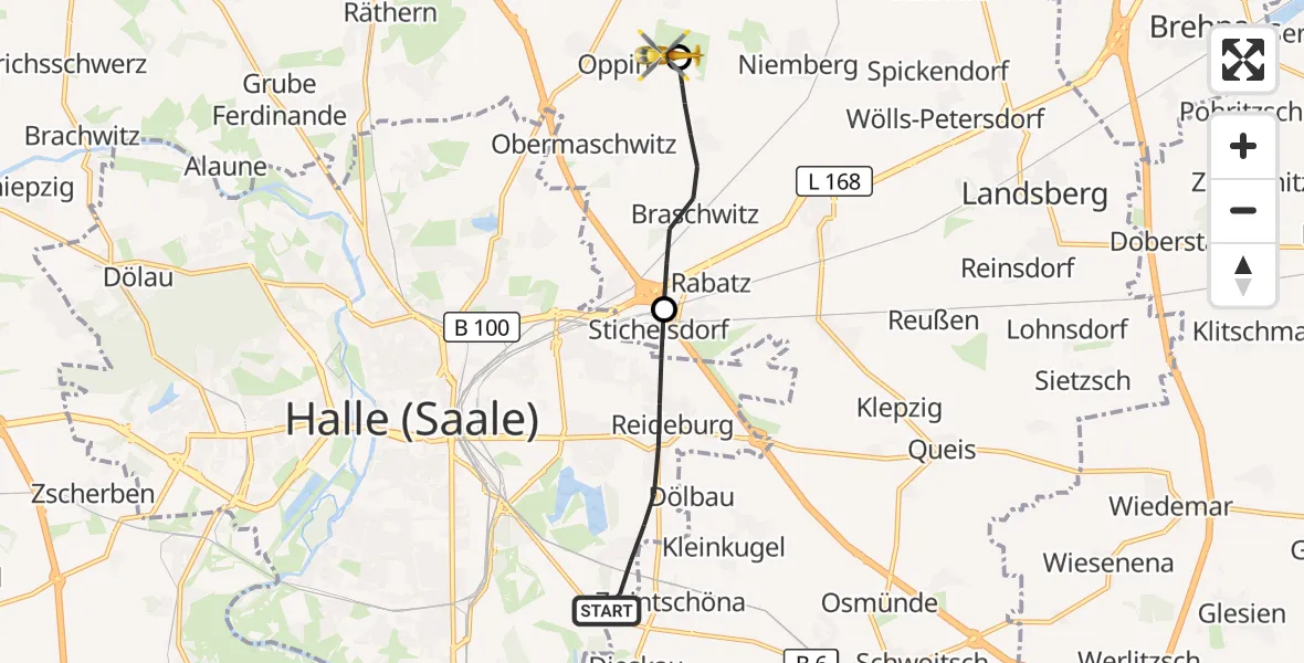 Flugroute Rettungshubschrauber Halle (Saale) - Halle-Oppin Flugplatz, 07 September 2026, 14:03