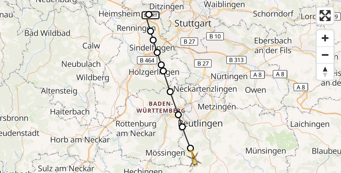 Flugroute Rettungshubschrauber Leonberg Hospital - Sonnenbühl, 07 September 2026, 14:03
