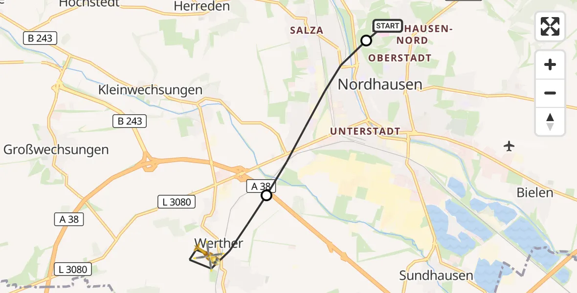 Flugroute Rettungshubschrauber Südharz Hospital Nordhausen - Werther, 07 September 2026, 14:07