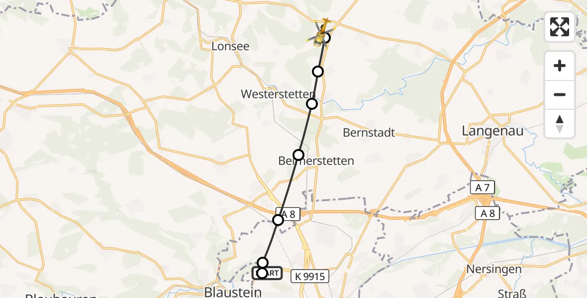 Flugroute Rettungshubschrauber Ulm Military Hospital Emergency - Weidenstetten, 07 September 2026, 14:15