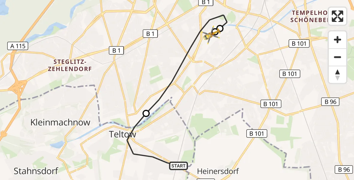 Flugroute Rettungshubschrauber Teltow - Charité Clinic Benjamin Franklin Campus, 07 September 2026, 14:20