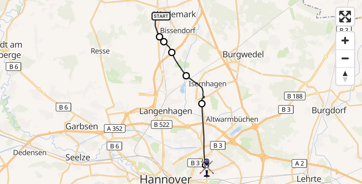 Flugroute Polizeihubschrauber Wedemark - Hannover Luftrettung Hubschrauberlandeplatz (Christoph 4), 07 September 2026, 14:23