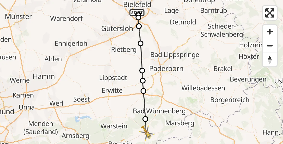 Flugroute Rettungshubschrauber Luftrettungszentrum Bielefeld - Brilon, 07 September 2026, 14:23