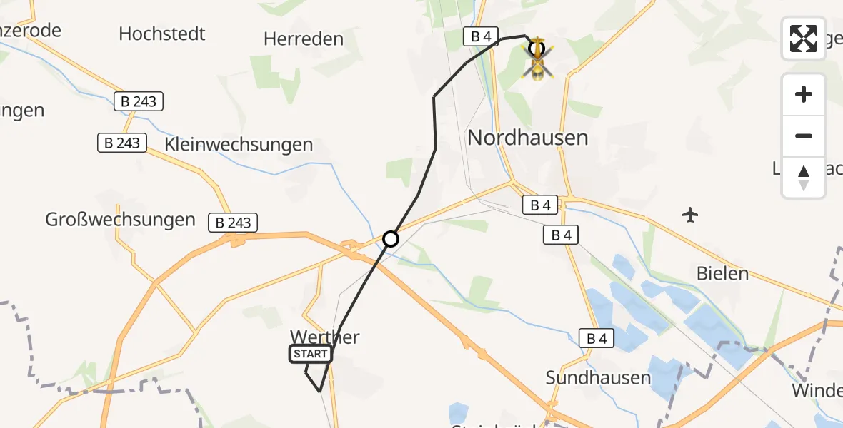 Flugroute Rettungshubschrauber Werther - Südharz Hospital Nordhausen, 07 September 2026, 14:31