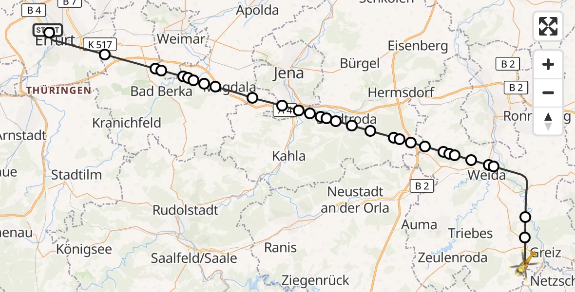 Flugroute Rettungshubschrauber Helios Clinic Erfurt - Greiz, 07 September 2026, 14:35