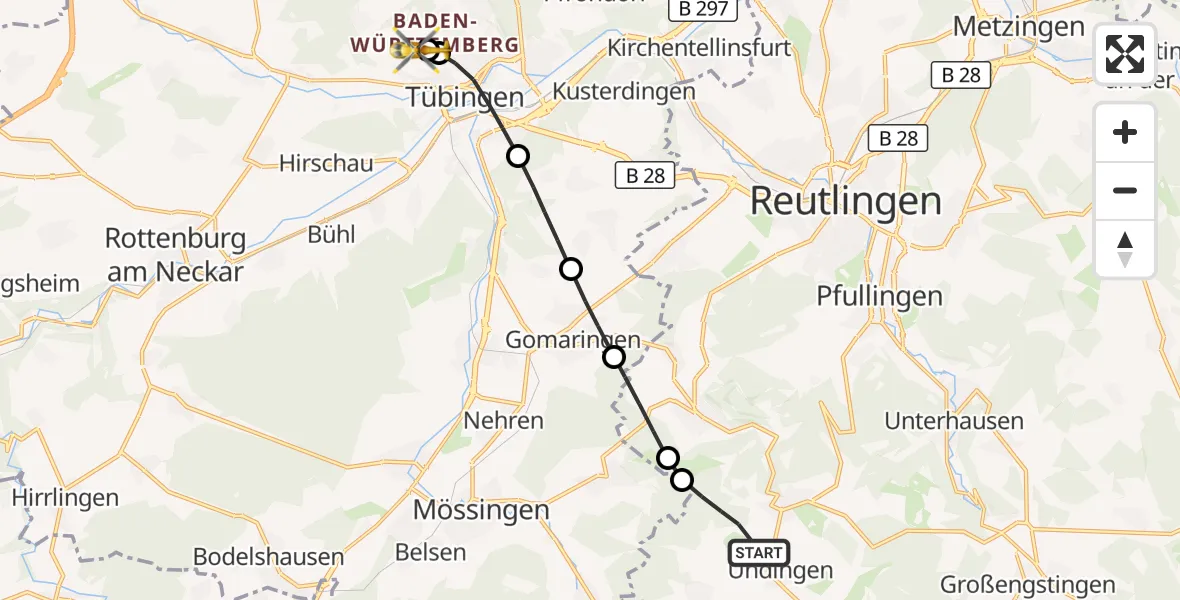 Flugroute Rettungshubschrauber Sonnenbühl - Tübingen Trauma Hospital, 07 September 2026, 14:36