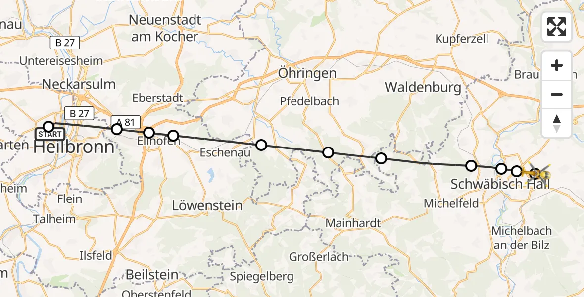 Flugroute Rettungshubschrauber Heilbronn Hospital - Adolf Würth Flughafen, 07 September 2026, 14:38