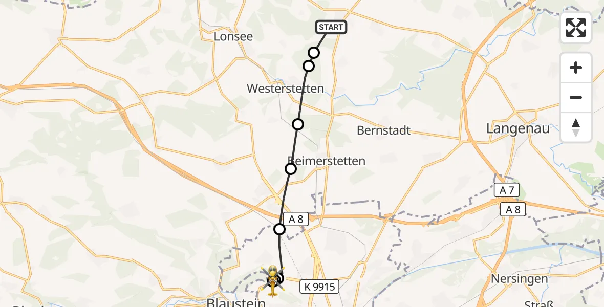 Flugroute Rettungshubschrauber Weidenstetten - ADAC Air Rescue Station Ulm (Christoph 22), 07 September 2026, 14:38