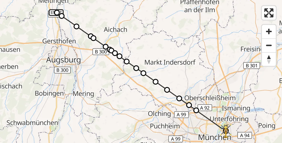 Flugroute Rettungshubschrauber Meitingen - München Bogenhausen Hospital, 07 September 2026, 14:39