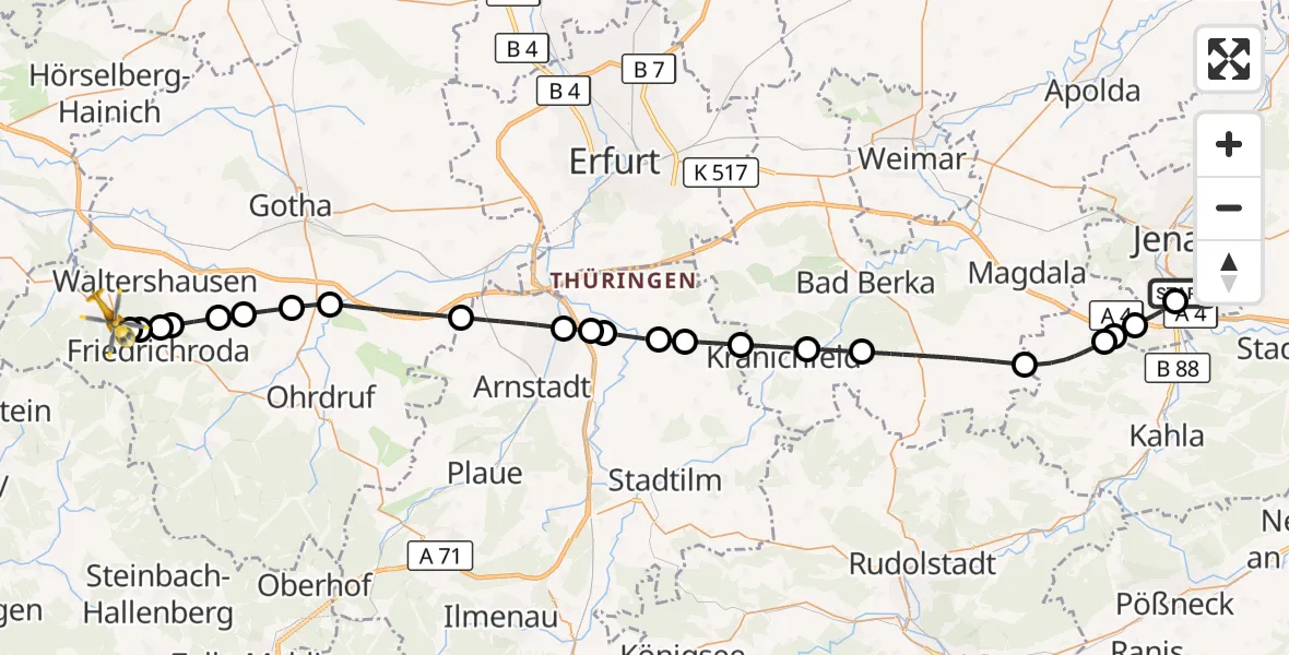 Flugroute Rettungshubschrauber Lobeda Hubschrauberlandeplatz - Bad Tabarz, 07 September 2026, 14:42