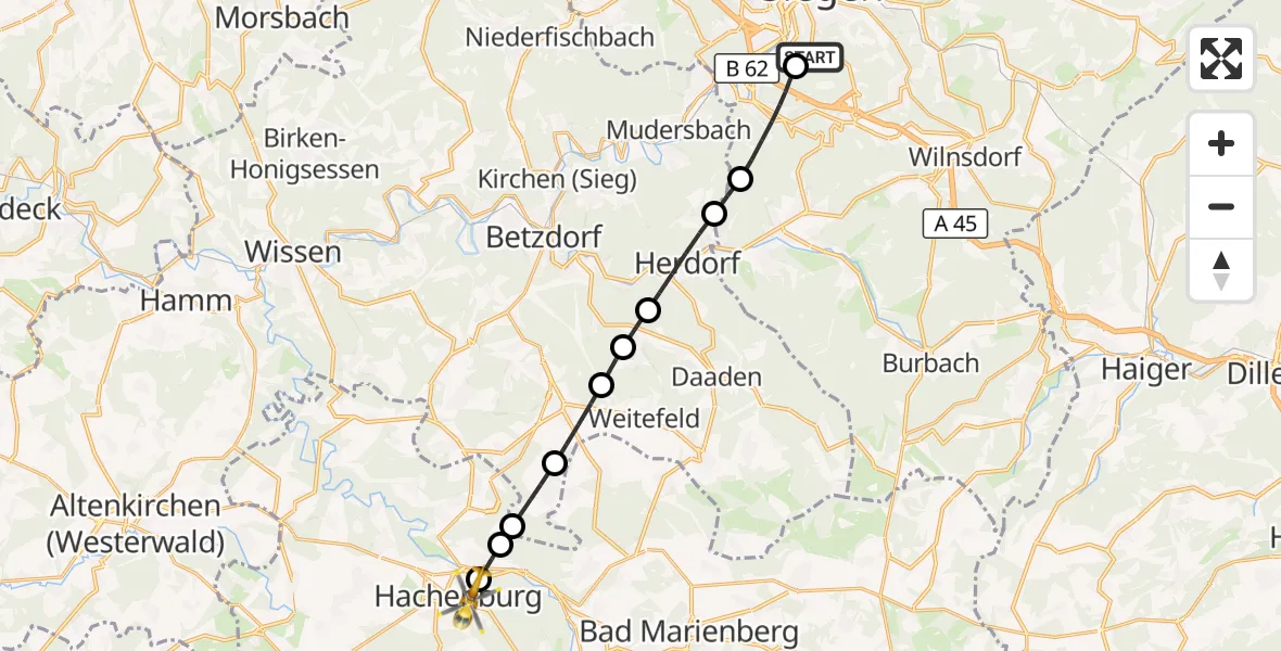Flugroute Rettungshubschrauber Evangelisches Jung-Stilling Hospital - Hachenburg, 07 September 2026, 14:47