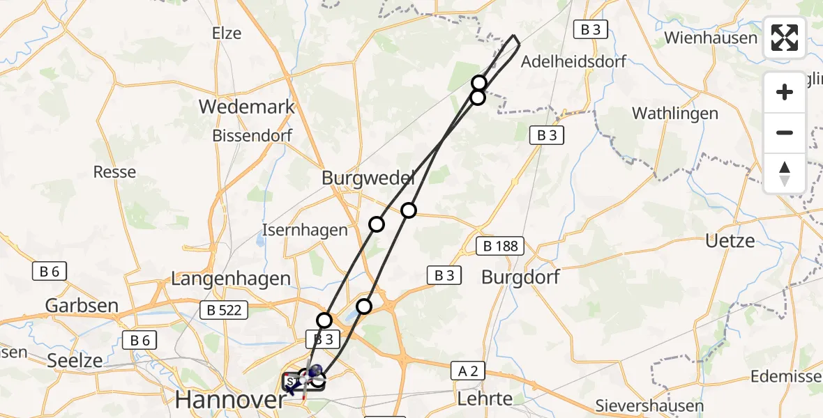Flugroute Polizeihubschrauber Hannover Luftrettung Hubschrauberlandeplatz (Christoph 4) - Hannover Luftrettung Hubschrauberlandeplatz (Christoph 4), 07 September 2026, 14:50