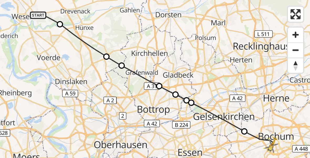 Flugroute Rettungshubschrauber Wesel - Bochum, 07 September 2026, 14:54
