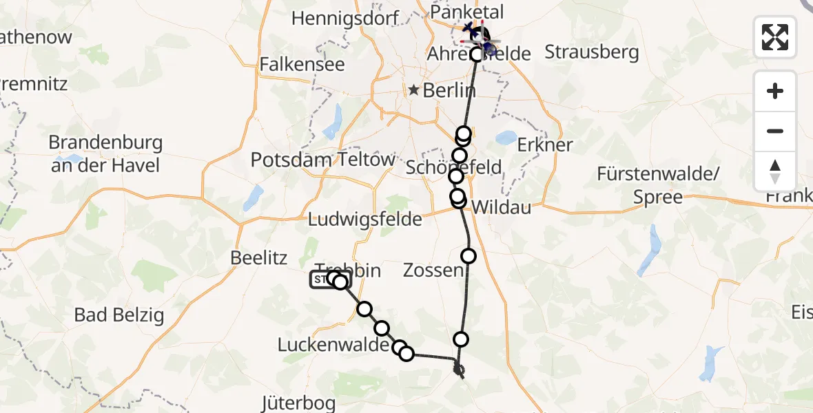 Flugroute Polizeihubschrauber Trebbin - Ahrensfelde Hubschrauberlandeplatz, 07 September 2026, 15:00