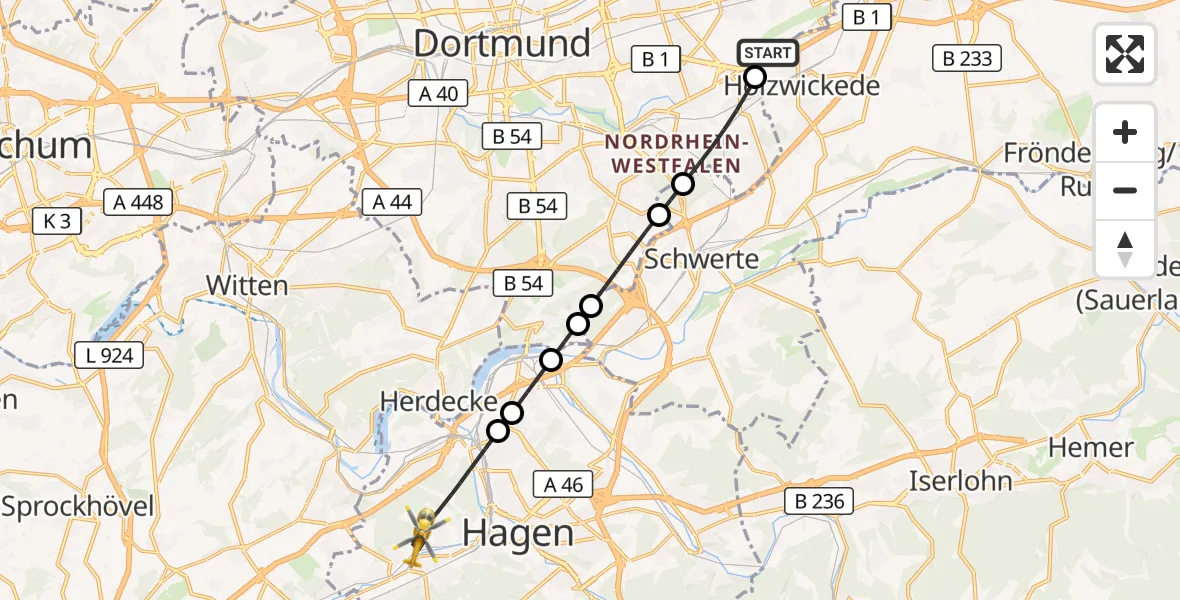 Flugroute Rettungshubschrauber Dortmund Flughafen - Hagen, 07 September 2026, 15:02
