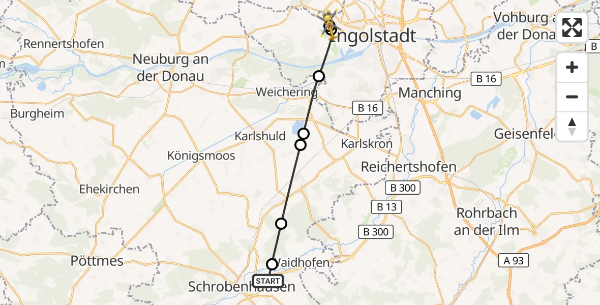 Flugroute Rettungshubschrauber Schrobenhausen - Ingolstadt Hospital, 07 September 2026, 15:07