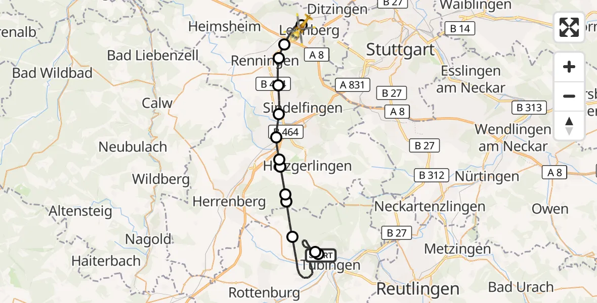 Flugroute Rettungshubschrauber Tübingen Trauma Hospital - Leonberg Hospital, 07 September 2026, 15:07
