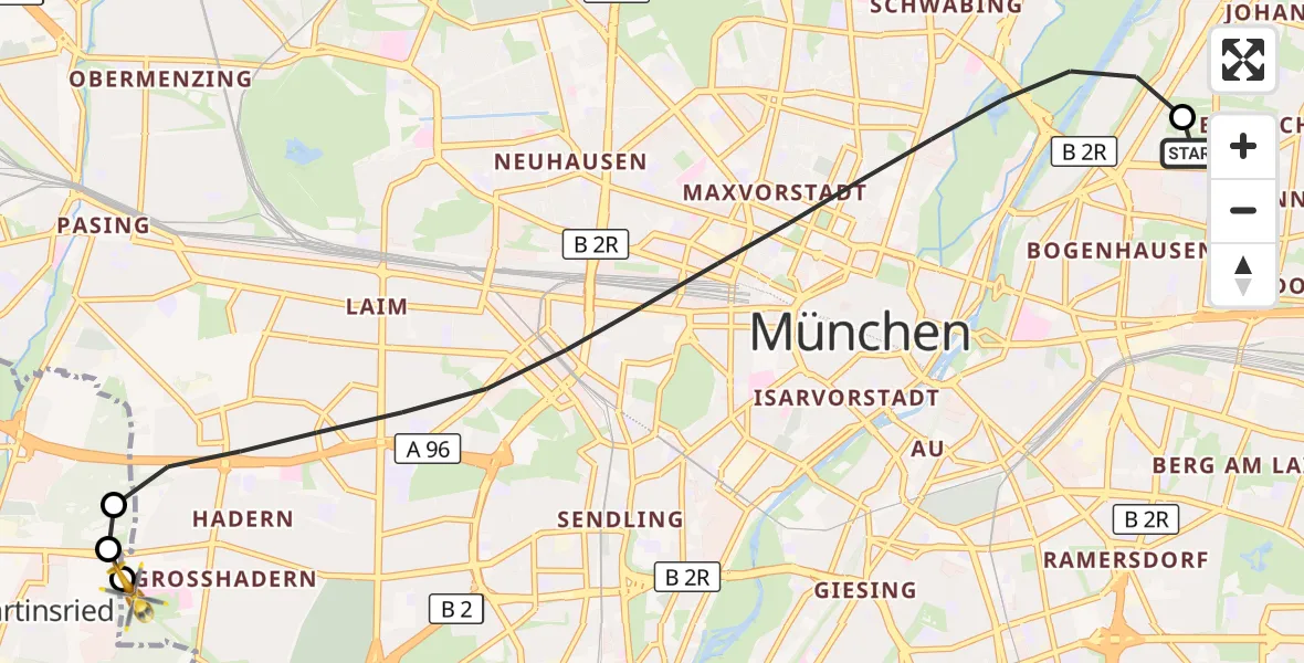 Flugroute Rettungshubschrauber München Bogenhausen Hospital - DRF Air Rescue München Hubschrauberlandeplatz, 07 September 2026, 15:19