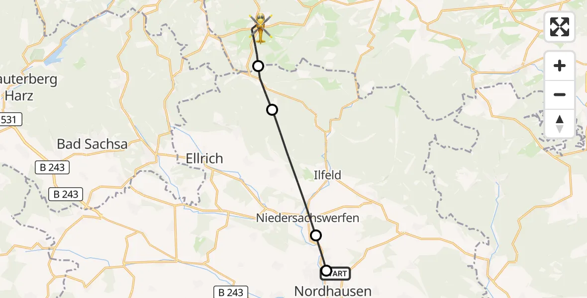 Flugroute Rettungshubschrauber Südharz Hospital Nordhausen - Oberharz am Brocken, 07 September 2026, 15:27
