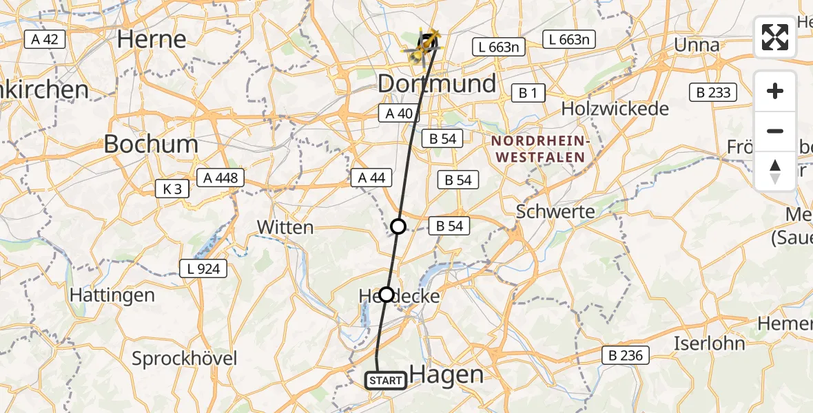 Flugroute Rettungshubschrauber Hagen - Dortmund Hospital North, 07 September 2026, 15:39