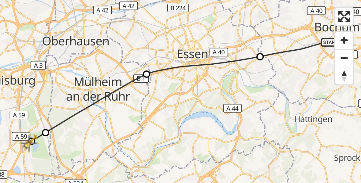 Flugroute Rettungshubschrauber Bochum - Duisburg Air Rescue Hubschrauberlandeplatz (Christoph 9), 07 September 2026, 15:46