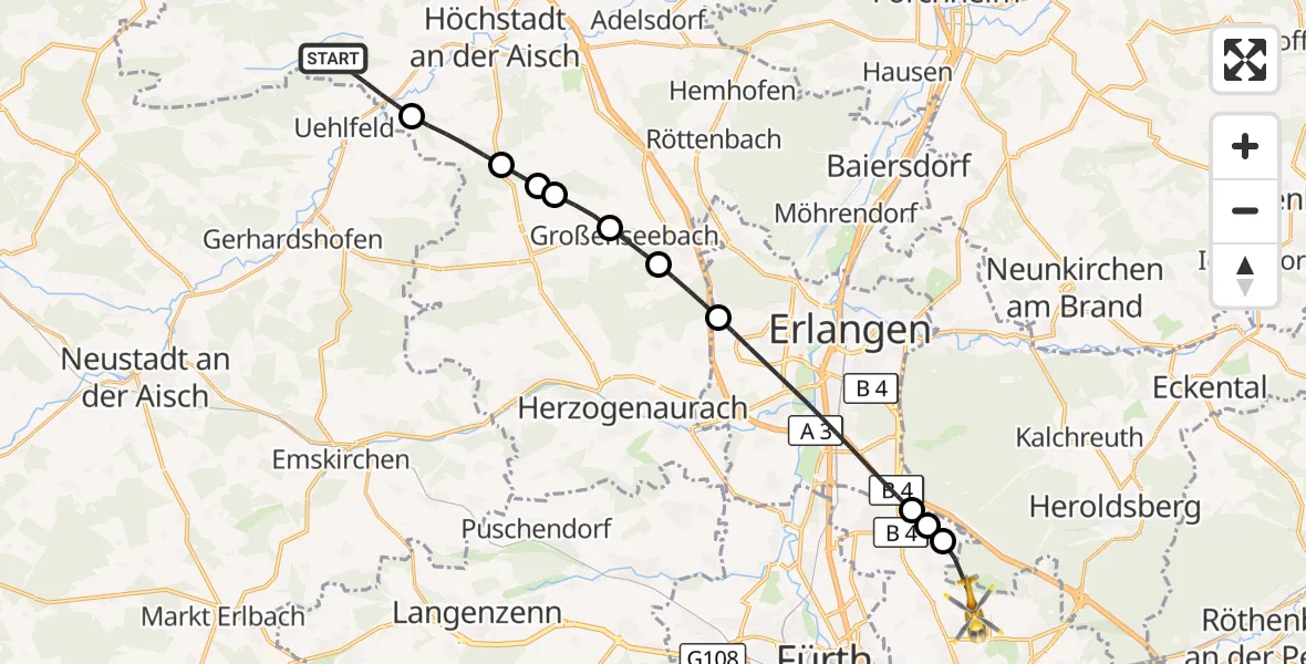 Flugroute Ambulanzhubschrauber Lonnerstadt - Flughafen Nuremberg, 07 September 2026, 15:46