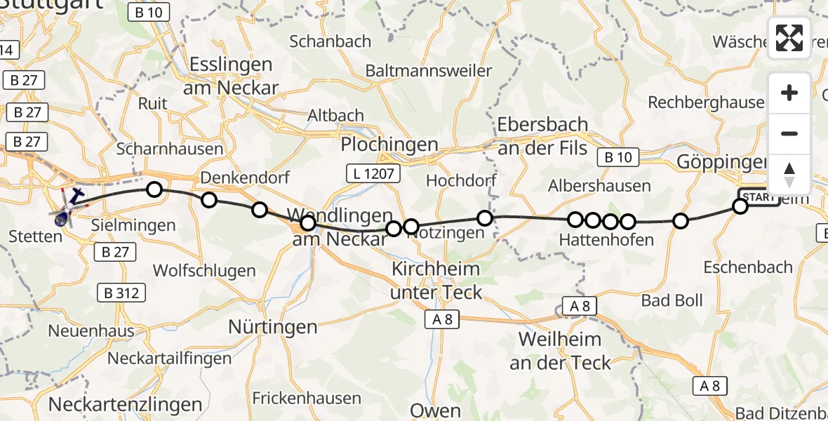 Flugroute Polizeihubschrauber Göppingen - Flughafen Stuttgart, 07 September 2026, 16:03