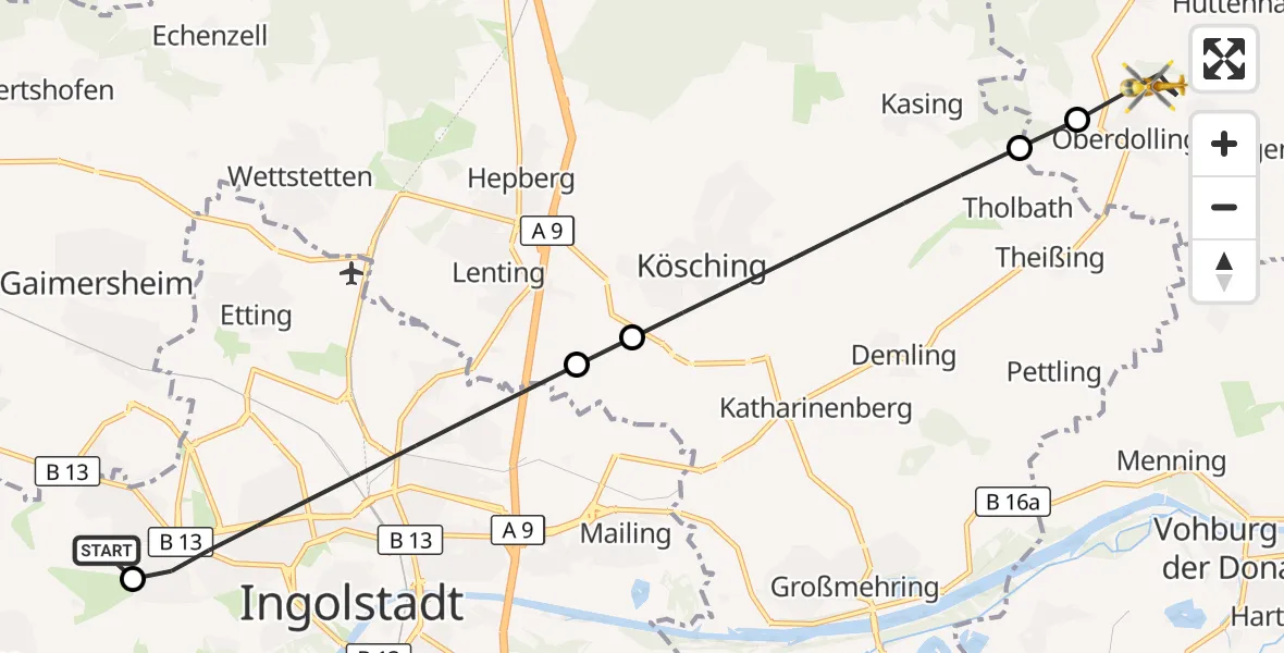 Flugroute Rettungshubschrauber Ingolstadt Hospital - Oberdolling, 07 September 2026, 16:12