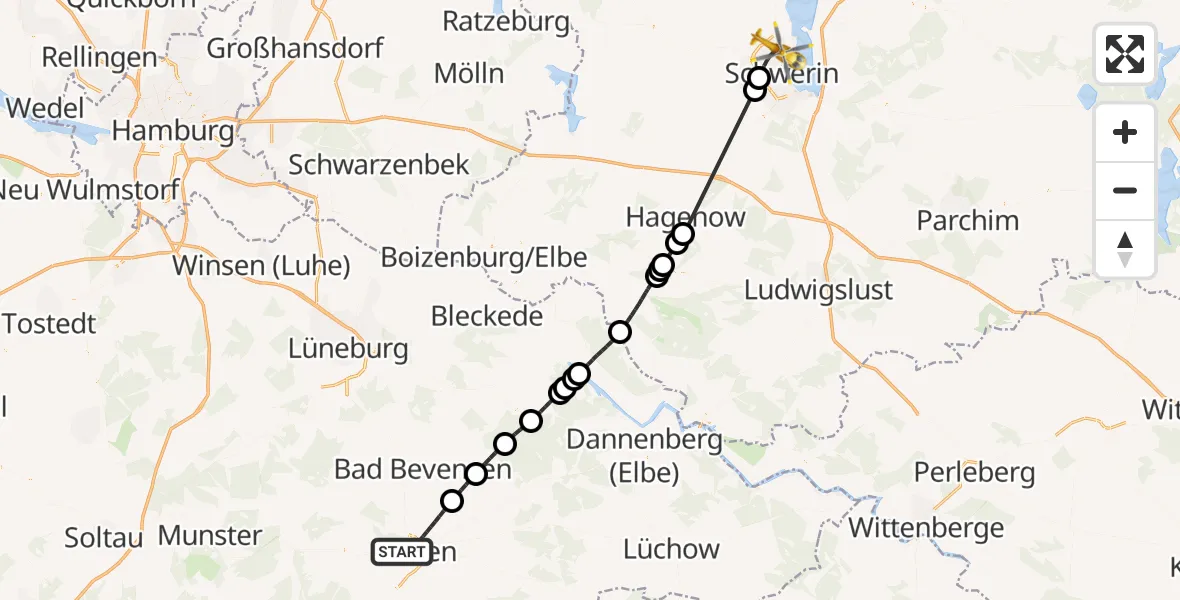 Flugroute Rettungshubschrauber Uelzen - Schwerin, 07 September 2026, 16:16