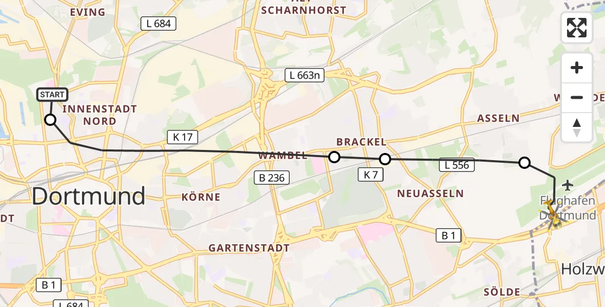 Flugroute Rettungshubschrauber Dortmund Hospital North - Dortmund Flughafen, 07 September 2026, 16:19